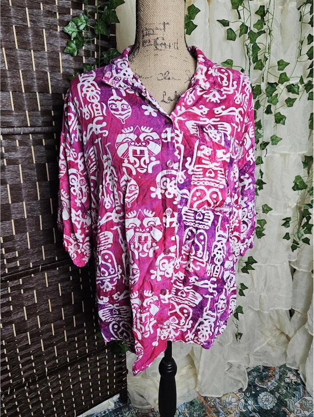 Vintage Take Away Pink Button Up Shirt Boho Artsy Hawaiian Top